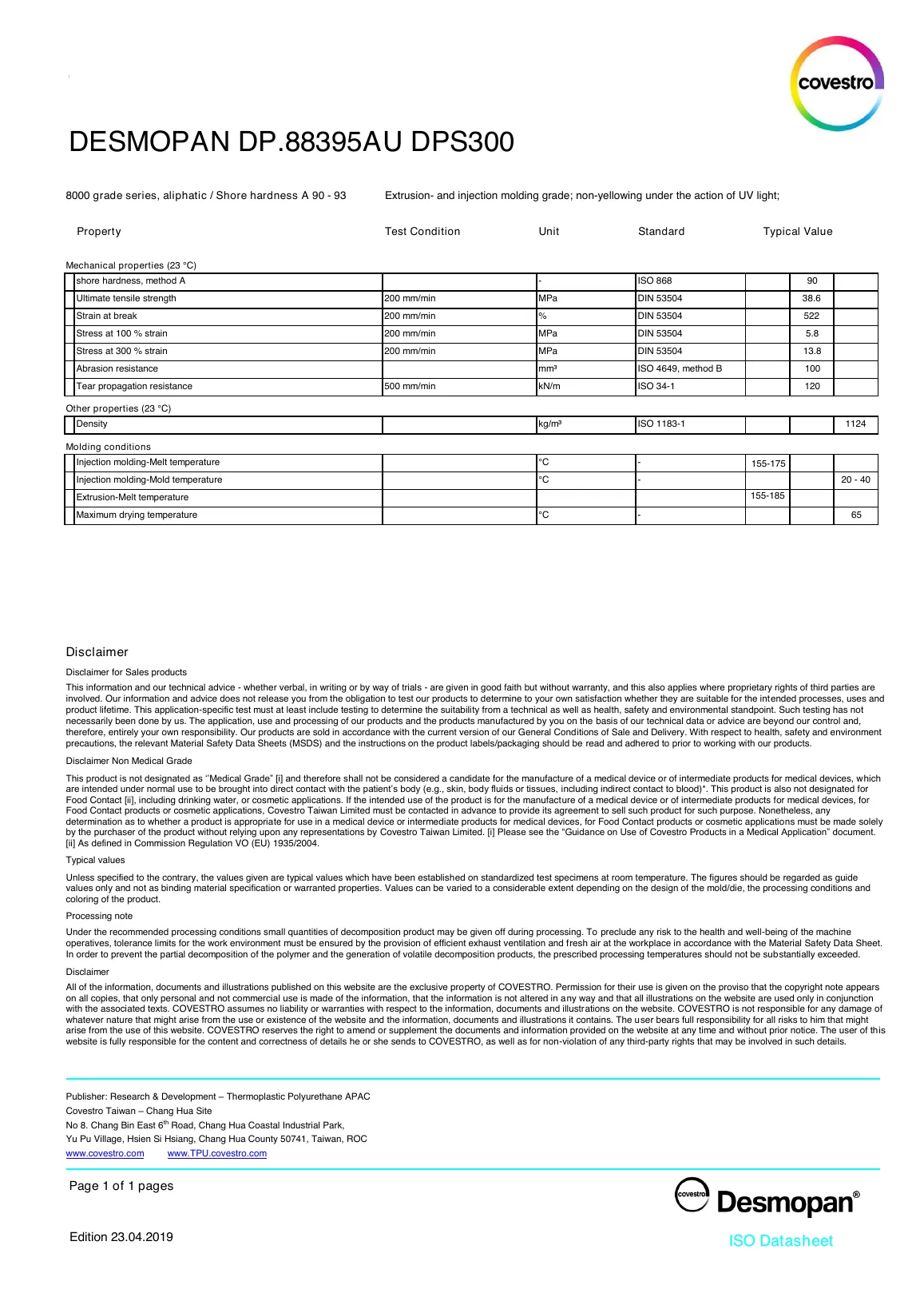 Covestro DESMOPAN DP.88395AU DPS300 original technical data, page 1 of 1